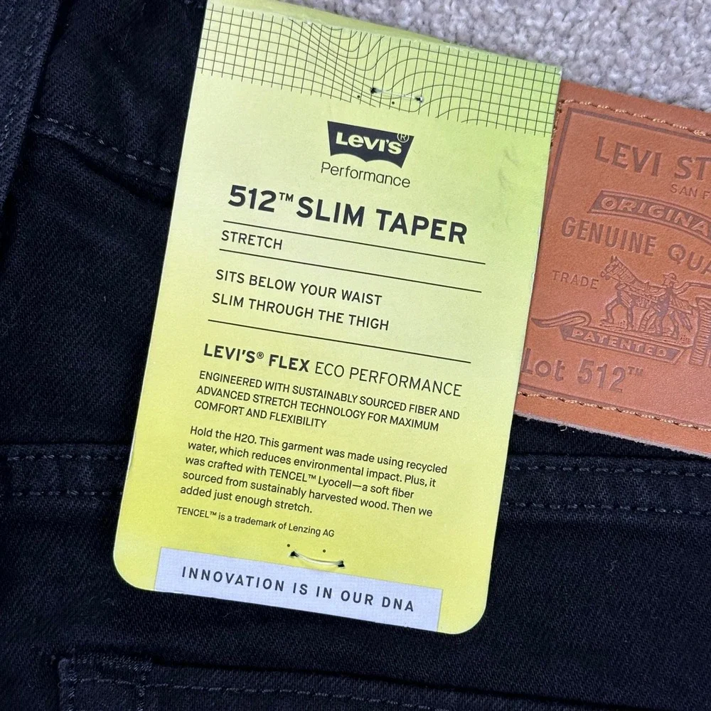New Levis Mens 34x36 512 Slim Taper Jeans Black Flex Eco Performance